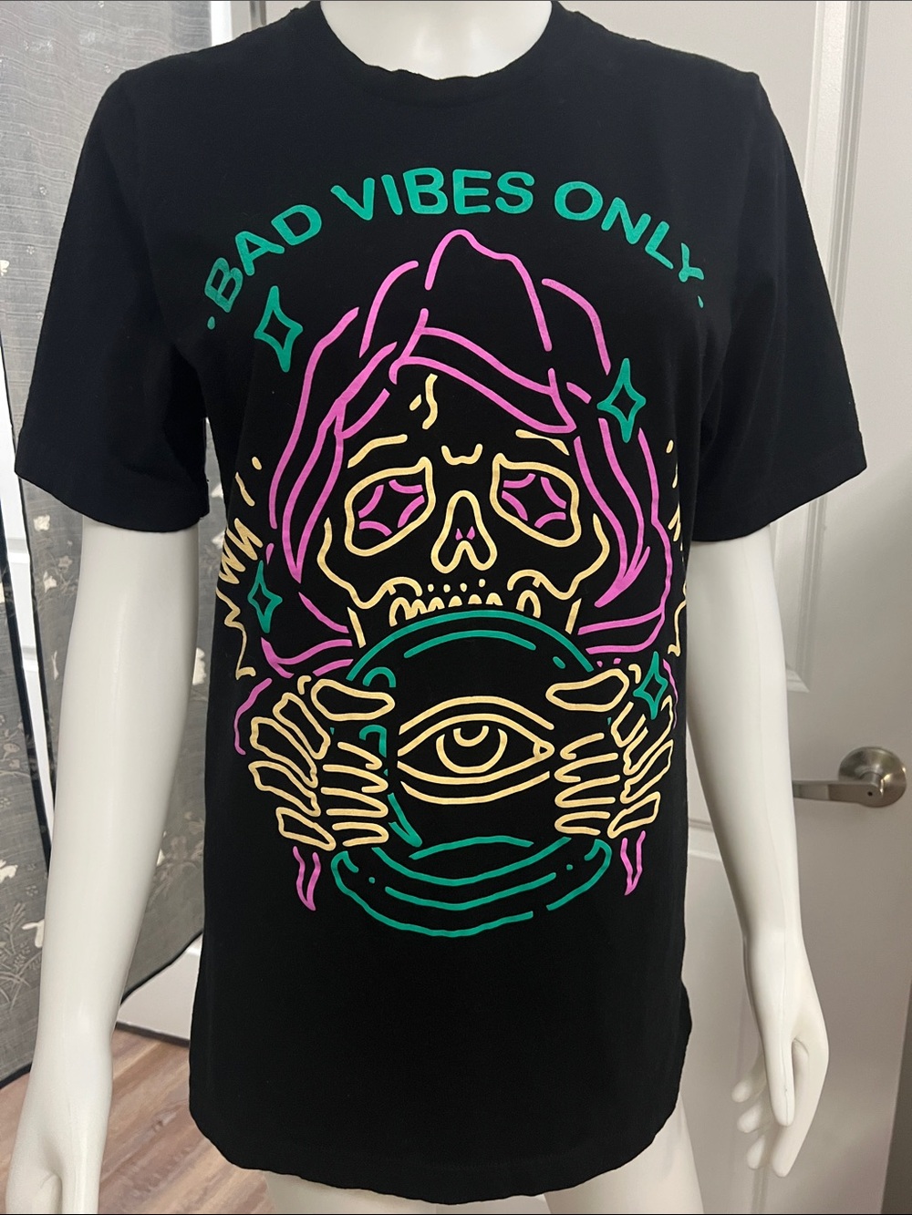 Bad Vibes Only Graphic Tee - Black with Neon Skull Print
